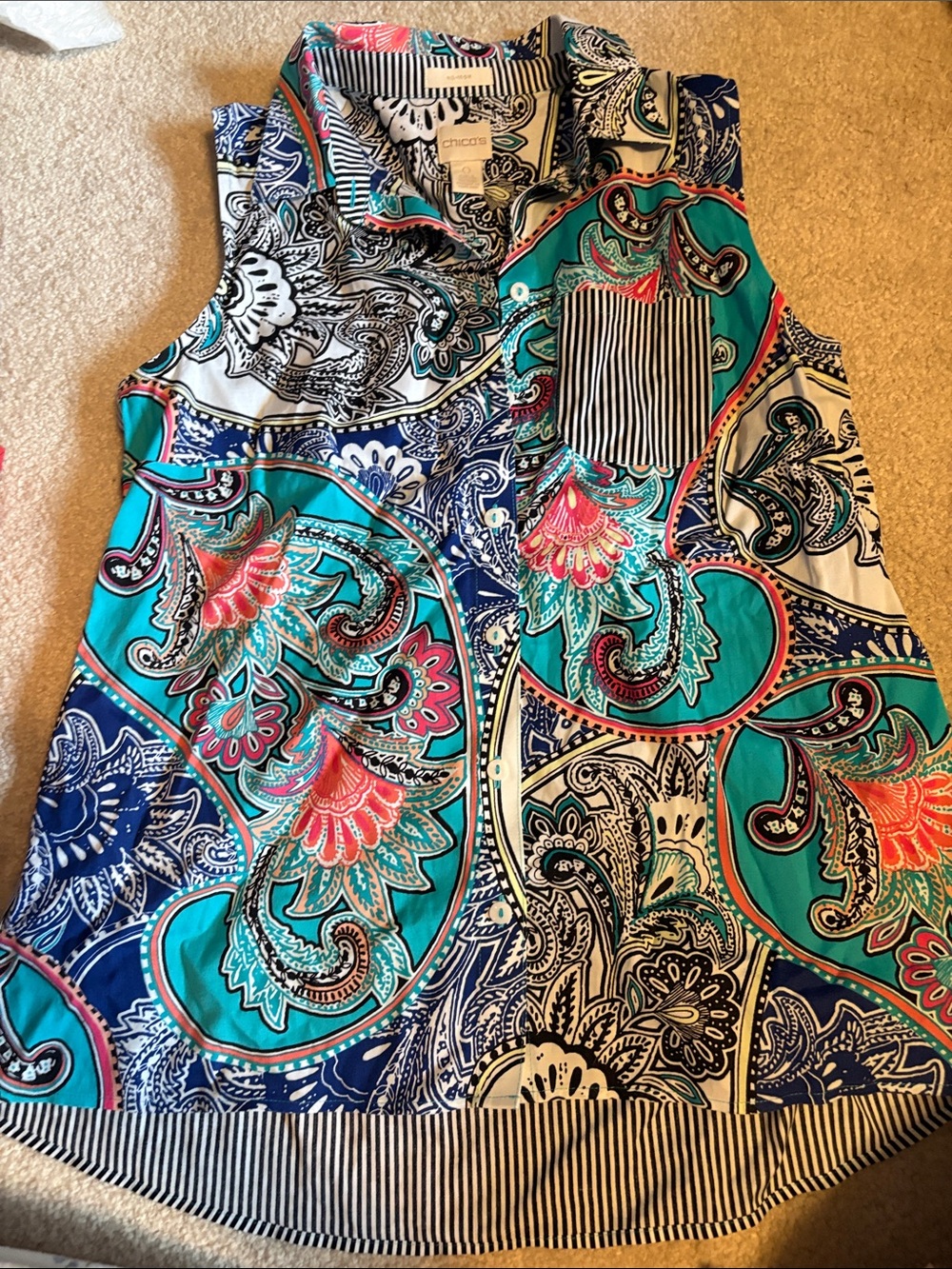 Chico's Teal, Navy & Coral Paisley Sleeveless Popover Tank